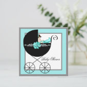 Invitation Baby shower turquoise Blue Baby Carriage (Debout devant)