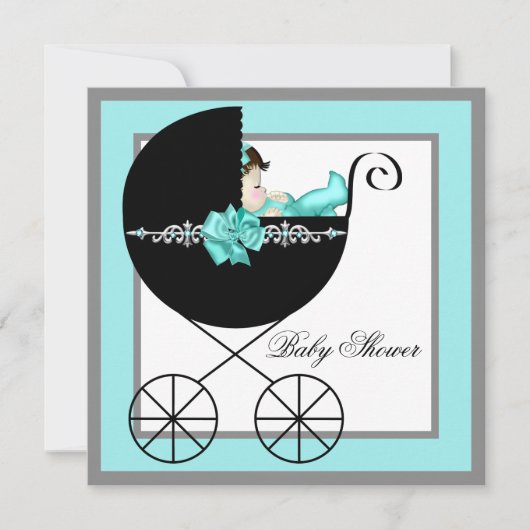 Invitation Baby shower turquoise Blue Baby Carriage (Devant)