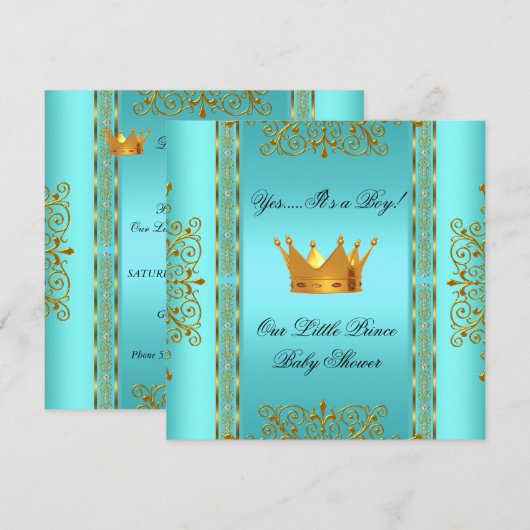 Invitation Baby shower Turquoise Blue Gold Boy Prince Crown (Devant / Derrière)