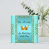 Invitation Baby shower Turquoise Blue Gold Boy Prince Crown (Debout devant)