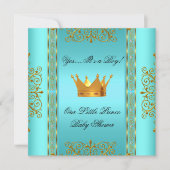 Invitation Baby shower Turquoise Blue Gold Boy Prince Crown (Devant)