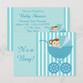 Invitation Baby shower turquoise Blue Monkey (Devant / Derrière)