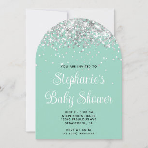 Invitation Baby Shower Turquoise Clair Pailleté Argent