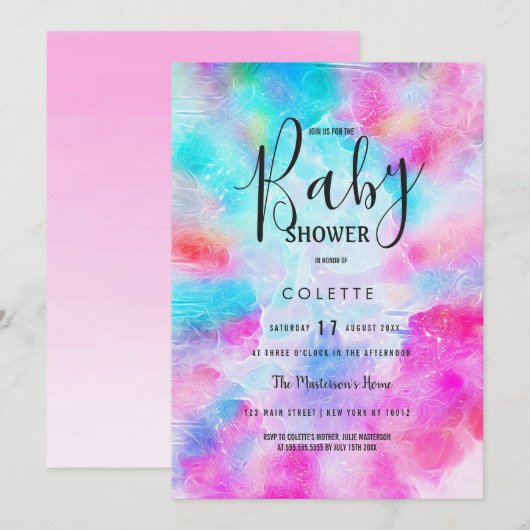 Invitation Baby shower turquoise d'aquarelle rose blanc Abstr (Devant / Derrière)