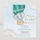 Invitation Baby shower turquoise de ballon éléphant (Devant / Derrière)