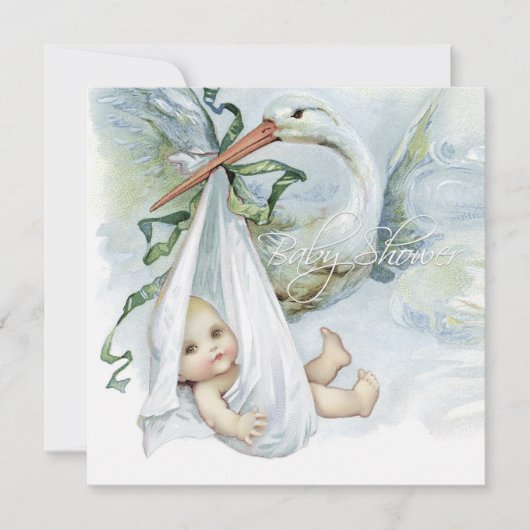 Invitation Baby shower turquoise de cigogne bleue (Devant)