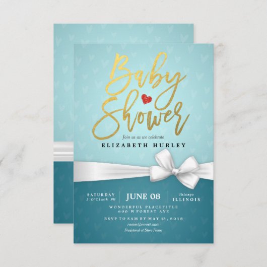 Invitation Baby shower Turquoise de ruban blanc Gold Script (Devant / Derrière)