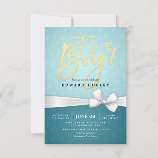 Invitation Baby shower Turquoise de ruban blanc Gold Script (Devant)