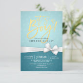 Invitation Baby shower Turquoise de ruban blanc Gold Script (Debout devant)