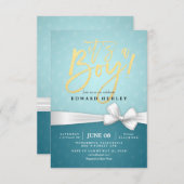 Invitation Baby shower Turquoise de ruban blanc Gold Script (Devant / Derrière)