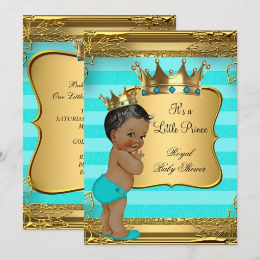 Invitation Baby shower Turquoise du Prince afro-américain (Devant / Derrière)