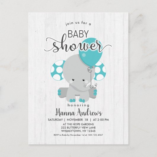 Invitation Baby shower Turquoise éléphant en bois (Devant)