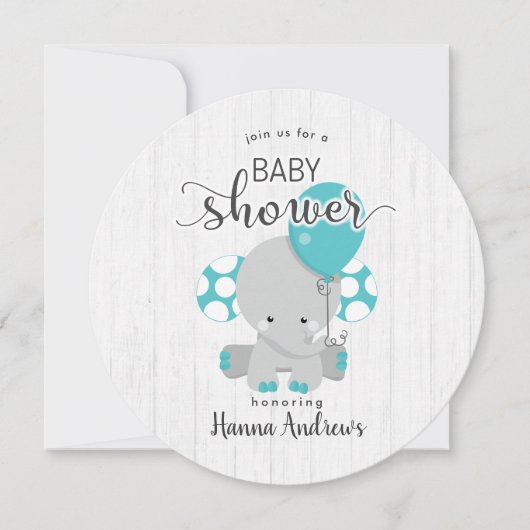Invitation Baby shower Turquoise éléphant en bois  (Devant)