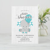 Invitation Baby shower Turquoise éléphant en bois  (Debout devant)