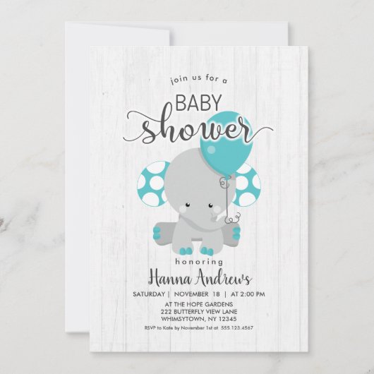Invitation Baby shower Turquoise éléphant en bois (Devant)
