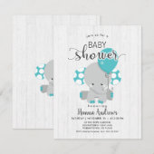 Invitation Baby shower Turquoise éléphant en bois  (Devant / Derrière)