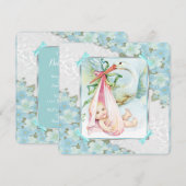 Invitation Baby shower turquoise en cigogne bleue et rose (Devant / Derrière)