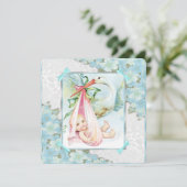 Invitation Baby shower turquoise en cigogne bleue et rose (Debout devant)