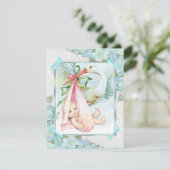 Invitation Baby shower turquoise en cigogne bleue et rose (Debout devant)