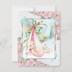 Invitation Baby shower turquoise en cigogne bleue et rose