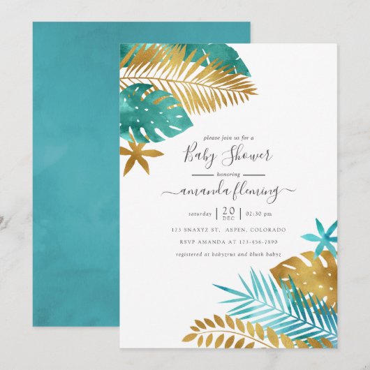 Invitation Baby shower turquoise et Gold Tropical (Devant / Derrière)
