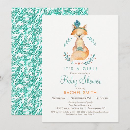 Invitation Baby shower turquoise et Orange Girl Fo (Devant / Derrière)
