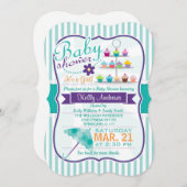 Invitation Baby shower turquoise et violet rétro (Devant / Derrière)