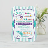 Invitation Baby shower turquoise et violet rétro (Debout devant)