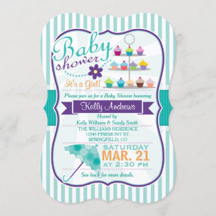 Invitation Baby shower turquoise et violet rétro