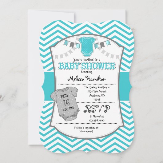 Invitation Baby shower Turquoise Grey Chevron (Devant)