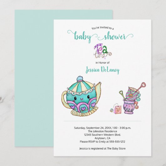 Invitation Baby shower Turquoise pour le thé (Devant / Derrière)