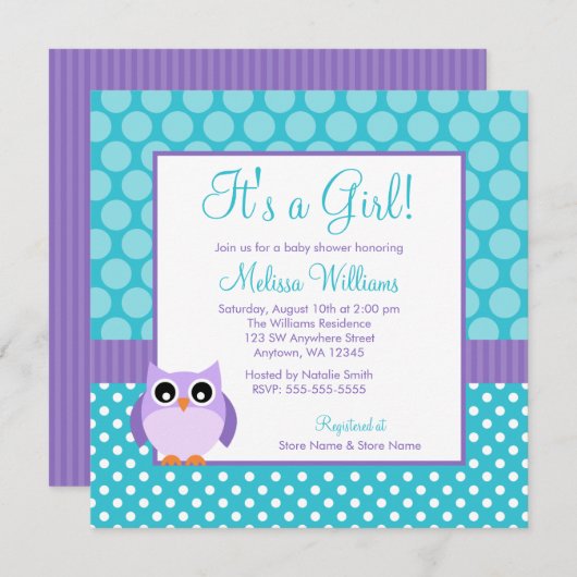 Invitation Baby shower turquoise pourpre de fille de point de (Devant / Derrière)