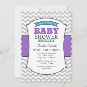 Invitation Baby shower turquoise Purple Grey Chevr