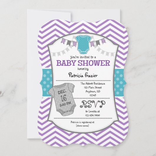 Invitation Baby shower turquoise Purple Grey Chevr (Devant)