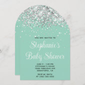 Invitation Baby shower Turquoise Silver Parties scintillant (Devant / Derrière)