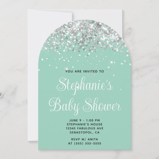 Invitation Baby shower Turquoise Silver Parties scintillant (Devant)