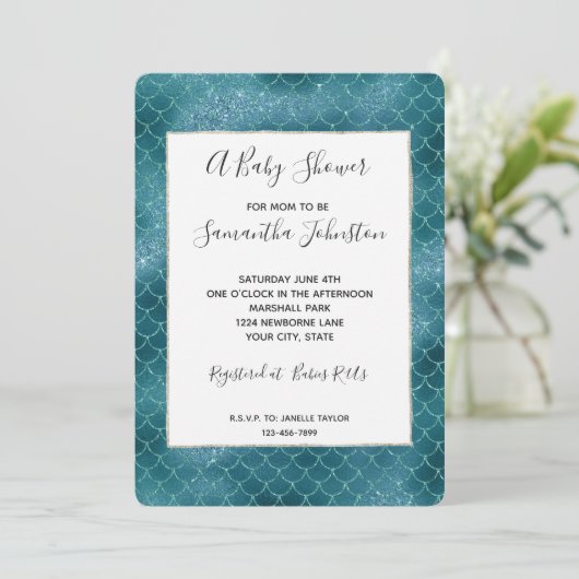 Invitation Baby shower turquoise Sparkle Mermaid (Debout devant)