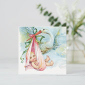 Invitation Baby shower turquoise Vintage bleu et rose (Debout devant)