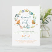 Invitation Baby shower Twin Baby Birds Et Fleurs (Debout devant)