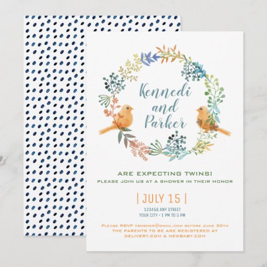 Invitation Baby shower Twin Baby Birds Et Fleurs (Devant / Derrière)
