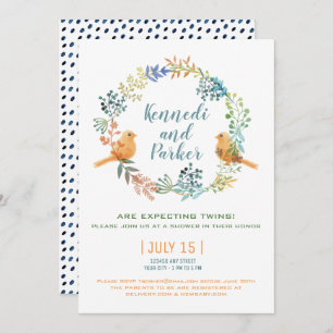 Invitation Baby shower Twin Baby Birds Et Fleurs