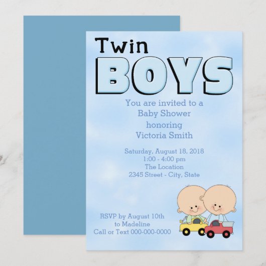 Invitation Baby shower Twin Boys (Devant / Derrière)