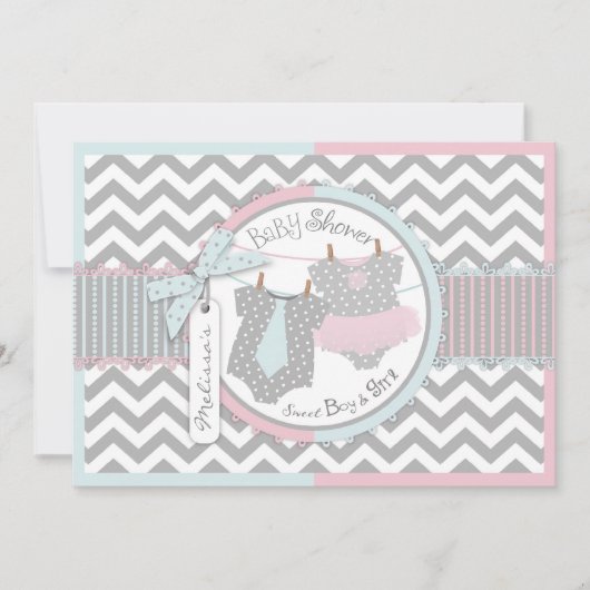 Invitation Baby shower Twin Cravate Tutu Chevron (Devant)