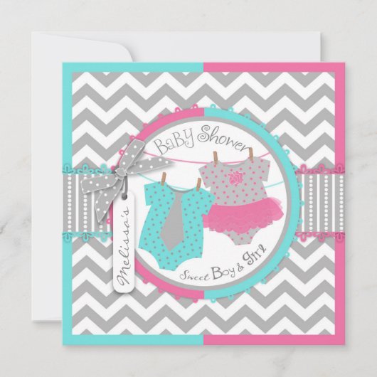 Invitation Baby shower Twin Cravate Tutu Chevron (Devant)