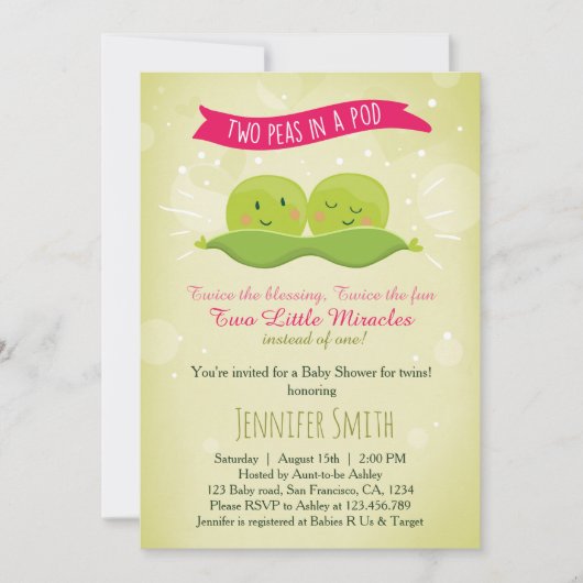 Invitation Baby shower Twin Deux Pois Dans Un Rose (Devant)
