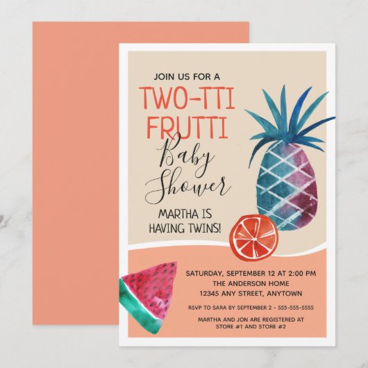 Invitation Baby shower Twin Frutti à deux tti (Devant / Derrière)