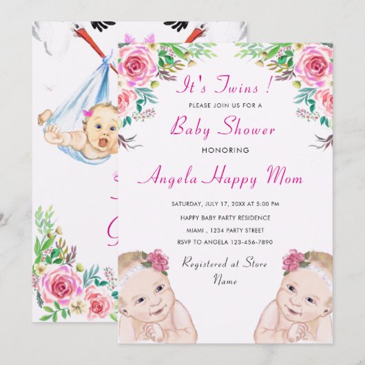 Invitation Baby shower Twin Girls (Devant / Derrière)