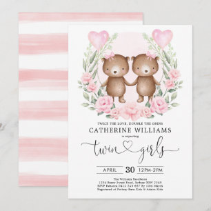 Invitation Baby shower Twin Girls Chic Rose Floral Teddy Bear