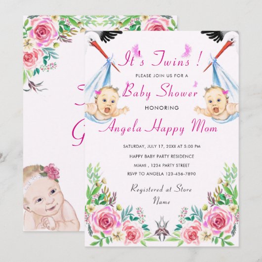 Invitation Baby shower Twin Girls - Vos couleurs (Devant / Derrière)