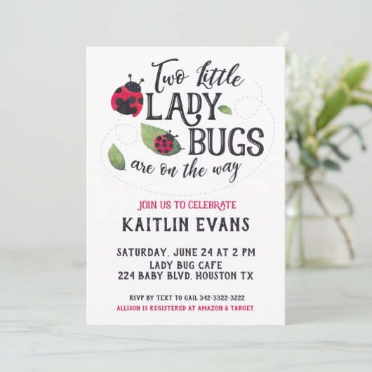 Invitation Baby shower Twin Ladybug (Debout devant)